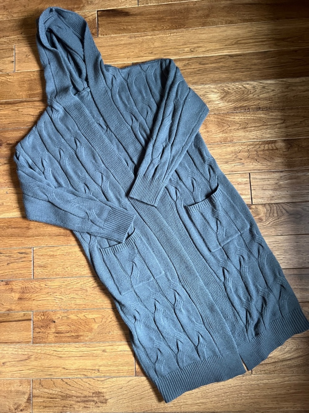 Cozy Hooded Cable Knit Long Cardigan - Slate Gray